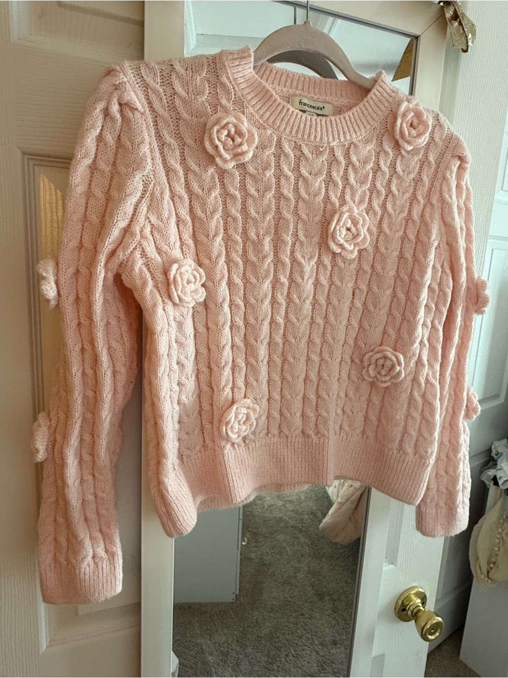 Francesca's Collections Pale Pink Cable-Knit Sweater with Flower Appliqués